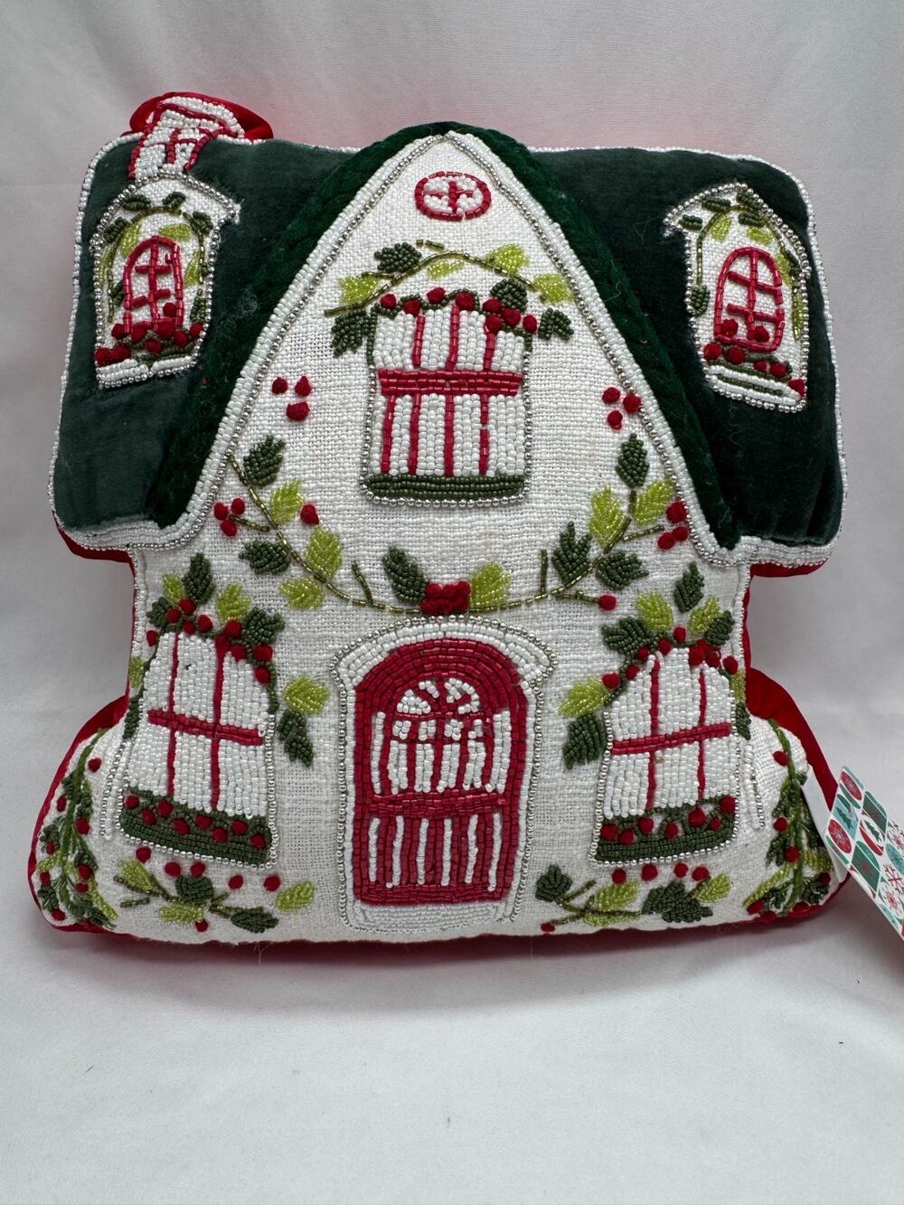 Gingerbread House Red Green Novagratz Holiday Throw Pillow Beaded Bling NWT